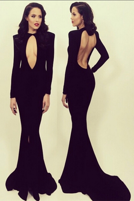 Long Sleeve Black Mermaid Evening Dress  with Open Back and Slit BA4711