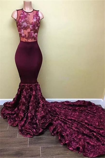 New Arrival Mermaid Burgundy Prom Dresses  Sleeveless Appliques Evening Gowns BA8008