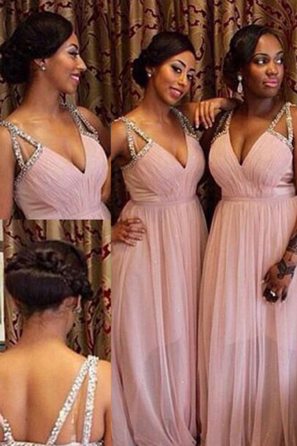 A-line V-Neck Beading Straps Wedding Party Dresses  Pink Chiffon Bridesmaid Dresses