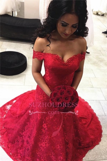 Lace Sexy Court Train Off-the-shoulder Prom Dress  Red Mermaid Evening Dresses