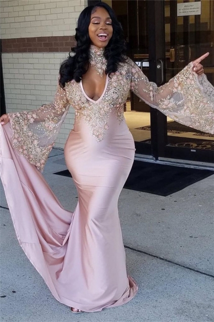 Sexy Pink V-Neck Mermaid Prom Dresses  Long Sleeves Appliques Evening Dresses with Choker SK0087