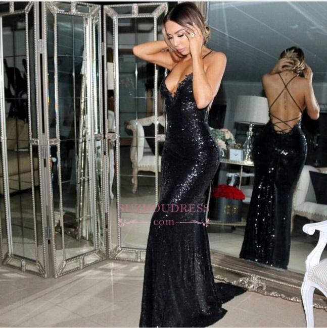 Black Sleeveless Mermaid Evening Gowns  Sequined Sexy Sweep-Train Prom Dress BA5407