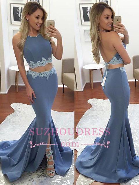 Mermaid Appliques Sexy Front-Split Halter Two-Pieces Backless Prom Dress BA4779