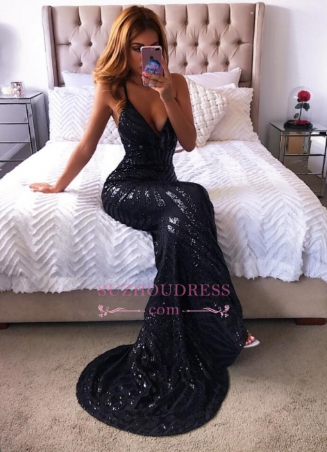 Sexy Mermaid Black Prom Dresses |  Spaghetti-Straps Long Sequins Evening Dresses WW0127