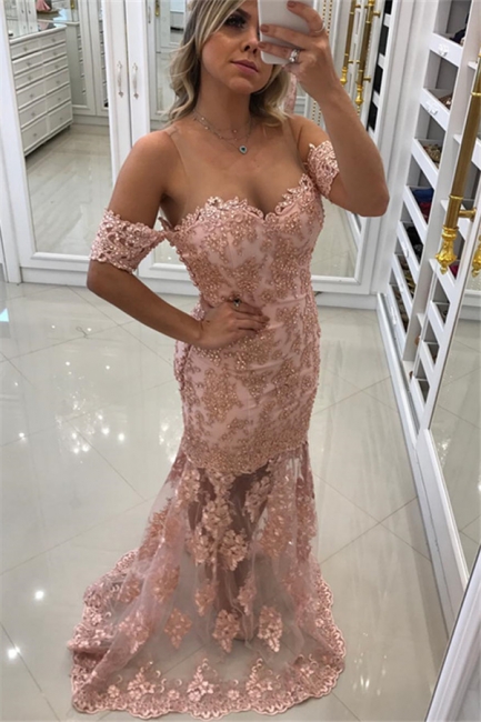 Elegant Off-the-Shoulder Pink Mermaid Prom Dresses  Appliques Evening Gowns with Beadings