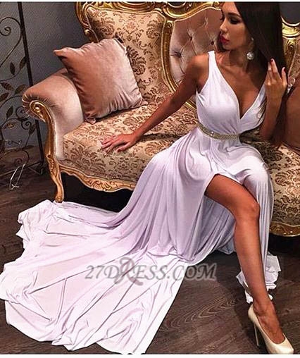 Sexy V-Neck Side Slit Long Evening Dresses with Belt Alluring Custom Made Sweep Train Party Dress for Women