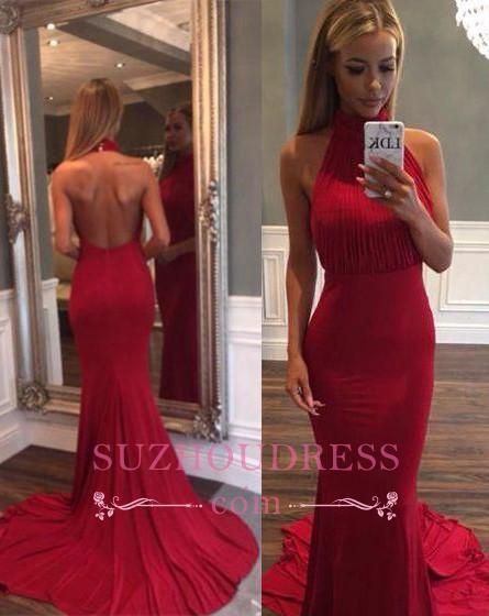 Court Train Simple Prom Dress  Backless Ruffles Red Mermaid Evening Gowns