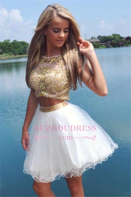 Two Piece Short Formal Dress Mini Cap Sleeves Sexy Crystal Gold Homecoming Dress