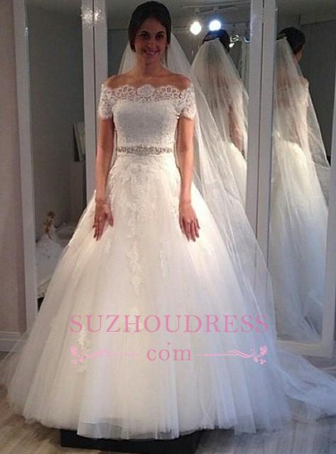 Off-the-shoulder Sweep-Train Short-Sleeves Elegant A-line Lace Wedding Dress