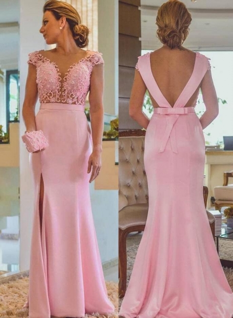 Pink Sheath Lace Evening Dresses | Cap Sleeves Open Back Side Slit Formal Dress