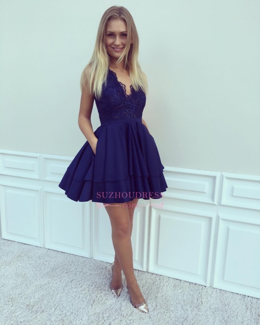 Short Navy Blue Hoco Dresses  Lace A-line V-Neck Ruffles Homecoming Dresses