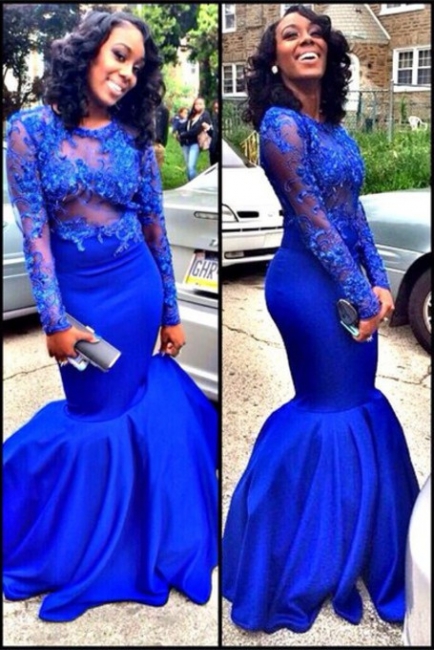 New Arrival Royal Blue Long Sleeve Prom Dress Sexy Mermaid Floor Length Evening Gown