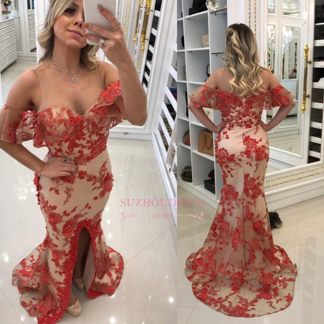 Red Appliques Mermaid Prom Dresses  | Scoop Front-Split Evening Dresses
