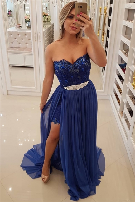 Sexy Royal Blue Lace Evening Dresses | Detachable Skirt Crystals Belt  Prom Dresses