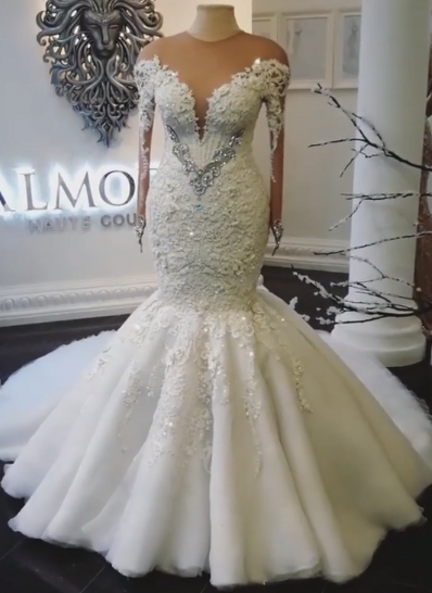 Alluring Off-the-Shoulder Mermaid Wedding Dresses Crystals Long-Sleeves Bridal Gowns Online