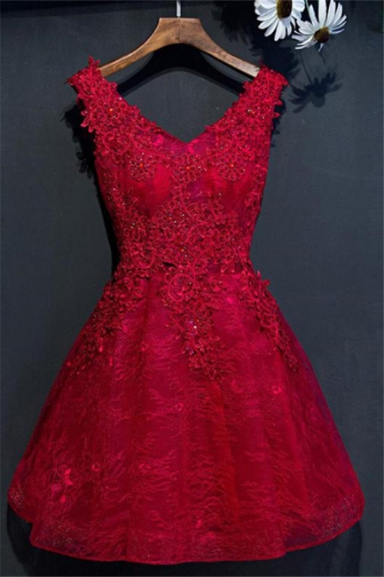 Red V-Neck Lace Short Homecoming Dresses | Sleeveless Lace Up Appliques Hoco Dress