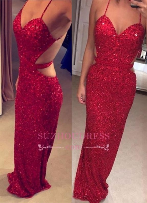 Spaghetti Straps Sequined Open Back Evening Dresses Sexy Red Sheath Prom Dress  BA3978