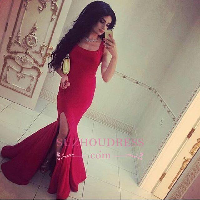 Side-Slit Straps Simple Red Mermaid Square-Neck Evening Gowns