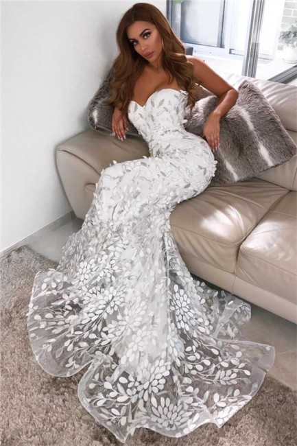 Stunning Strapless Sweetheart Appliques Prom Dress Mermaid Open Back Evening Dresses On Sale