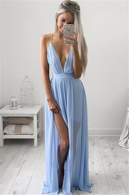 Deep V-neck Sexy Evening Dress Spaghetti Straps baby Blue Prom Dresses  CE054