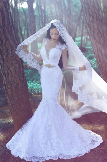 Sexy Mermaid Long Sleeve Wedding Dress Crystal Lace Custom Made Bridal Gowns