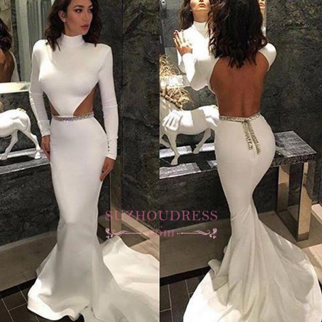 Sexy Backless White High Neck Prom Gowns Mermaid Long Sleeve  Evening Dresses BA4307