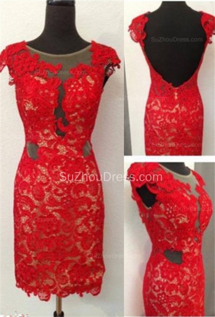 Red Lace Mini Cocktail Dresses  Sheath Applique Open Back Homecoming Dresses