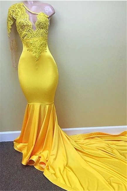 New Arrival Yellow One Shoulder Mermaid Prom Dresses  Long Sleeves Appliques Evening Dresses BA7778