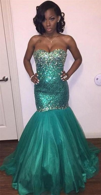 Sparkly Sequins Prom Dresses Jade Mermaid Tulle Evening Dress with Crystals BA7376