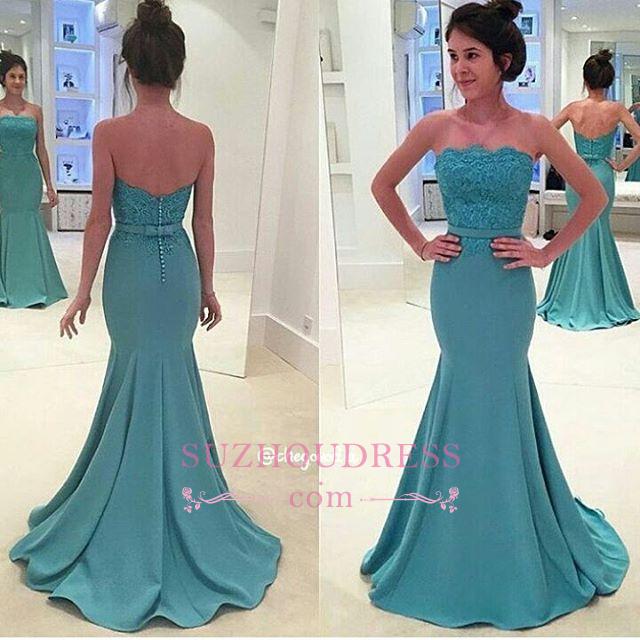 Sash Mermaid Long Green Lace Strapless Evening Gowns