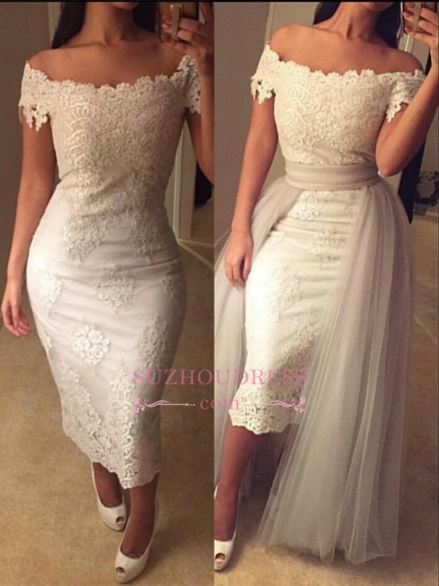 Lace Detachable Train Formal Dress  Tea Length Modest Off-the-shoulder Prom Dress BA6894