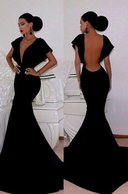 Black Velvet Prom Dresses Short Sleeve Deep V-Neck Elegant Mermaid Evening Gowns
