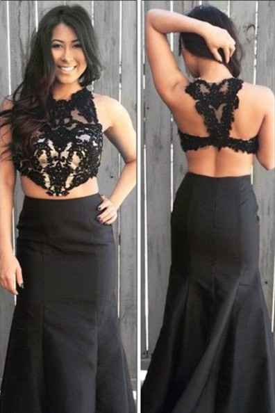 Black Mermaid Two Pieces Long Formal Occasion Dress Sexy Lace Plus Size Evening Dress