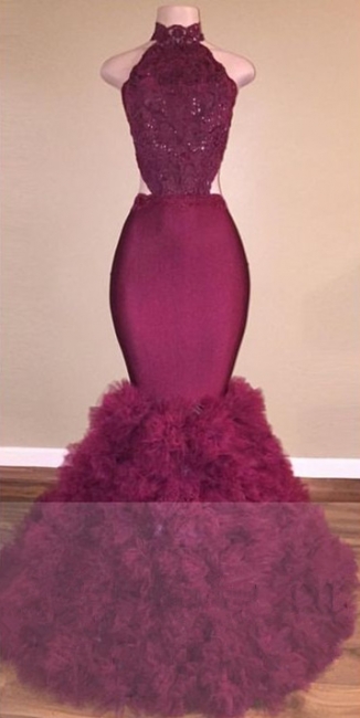 High Neck Open Back Mermaid Ruffles Prom Dress  Popular Beaded Lace Sexy Evening Gown  BA4761-MQ0044