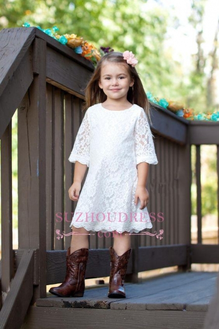 A-line White Cute Half Sleeve Knee Length  Lace Flower Girl Dress