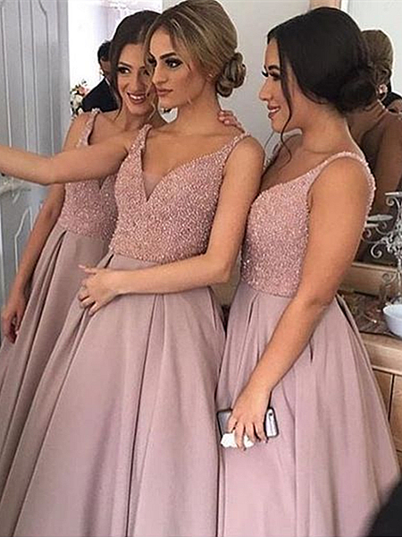 Gorgeous A-Line Soft Pink Beading  Bridesmaid Dresses Natural Sleeveless Long Women Dresses BA4010