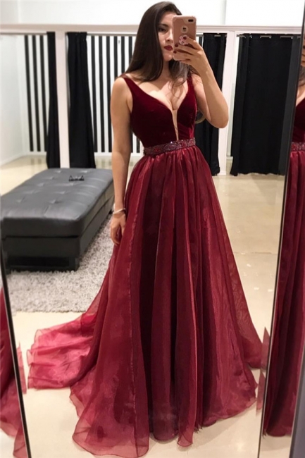Sleeveless Burgundy Sexy Evening Dress | V-neck   Formal Dresses