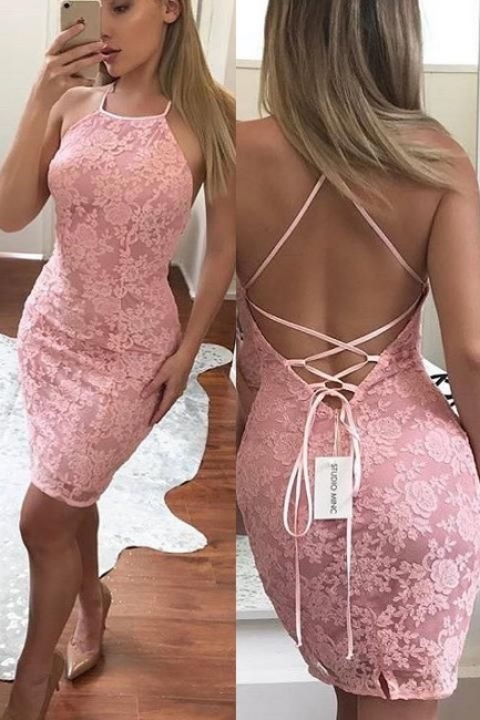 Sexy Sheath Pink Lace Homecoming Dresses  Backless Short Cocktail Dresses