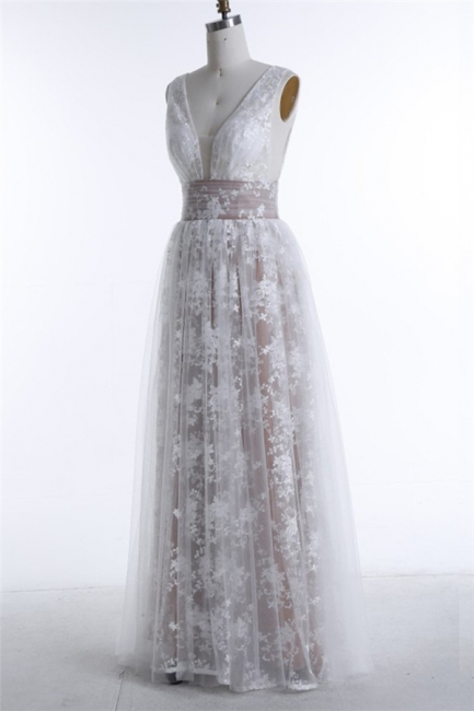 Sleeveless Formal Dress Deep V-neck Lace Tulle Prom Dress
