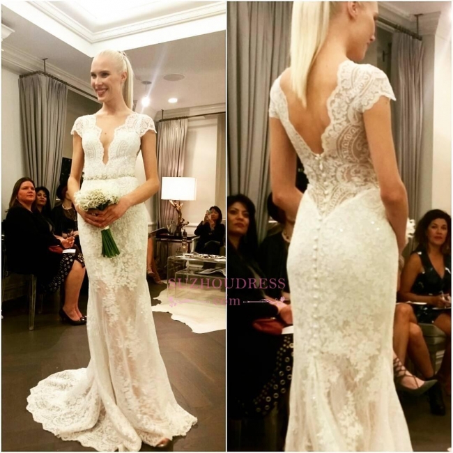 Designer Floor Length Glamorous Lace Bridal Dresses  Button Cap Sleeve Wedding Dress