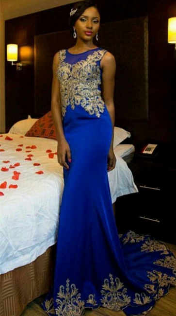 Royal Blue Sleeveless Prom Dresses  | Mermaid Champagne Gold Lace Appliques Evening Gown