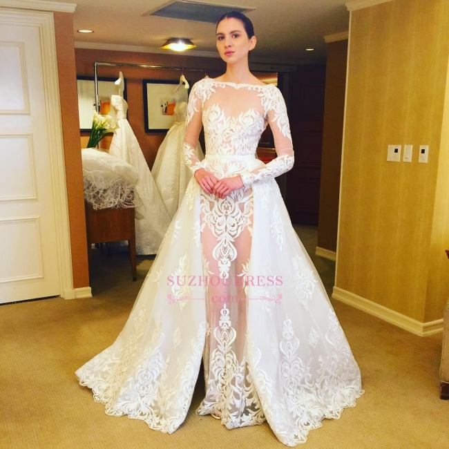 Ruffles Long Sleeves Stunning Lace Bridal Gowns  Sheer Wedding Dress