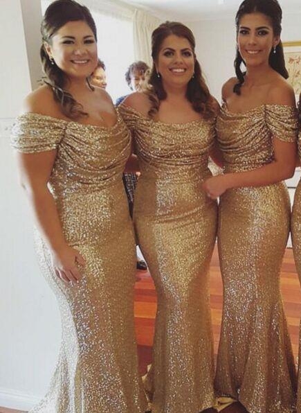 Off The Shoulder Gold Sequins Bridesmaid Dresses Mermaid  Dresses for Maid of Honor BA3186