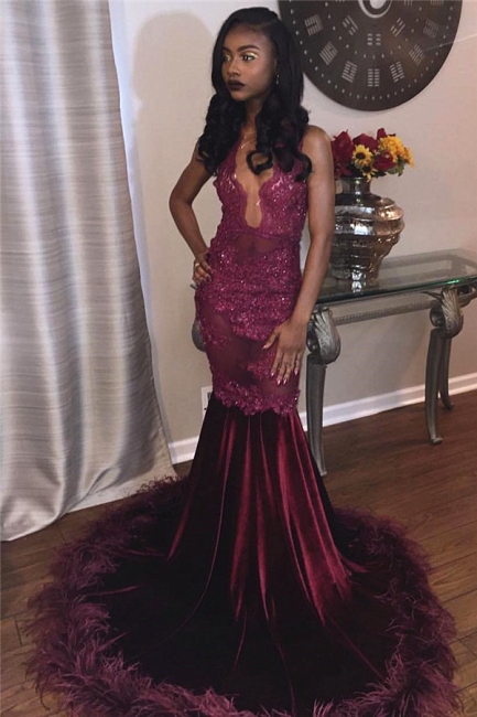 Burgundy Velvet Lace Prom Dresses | Feather Sexy Evening Gown  FB0266