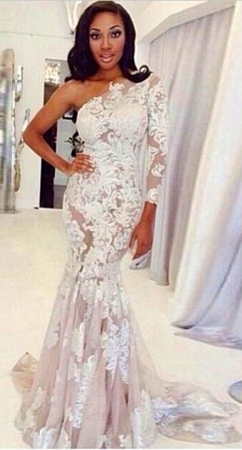 One Shoulder Long Sleeve White Lace Evening Dress Sexy Mermaid Sweep Train Prom Gowns TB0157
