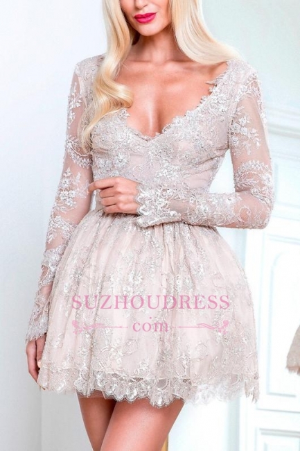 Short Long-Sleeve Lace Champagne Homecoming Dresses