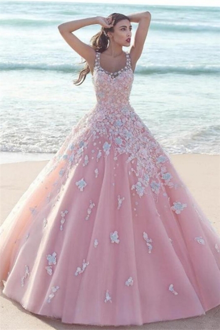 Gorgeous Flowers Appliques Pink Evening Dresses  Sleeveless Popular Prom Dress