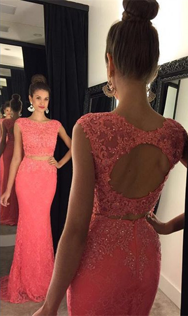 Halter Lace Two Piece Prom Dress Gorgeous Beading  Formal Occasion Dress GA044