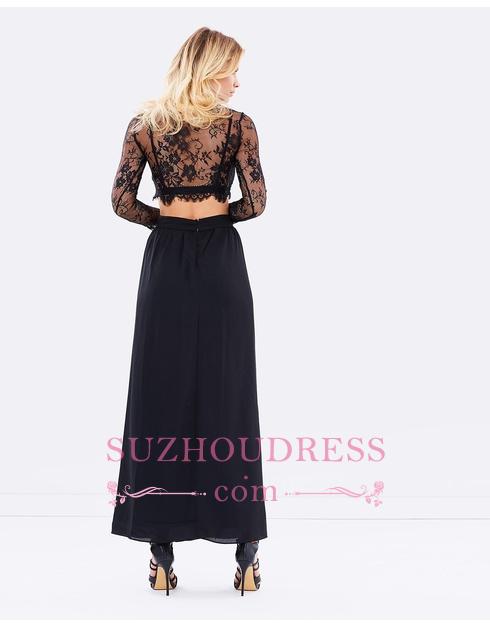 Simple Lace Black Long Sleeves Evening Gowns Two Piece Sexy Prom Dresses