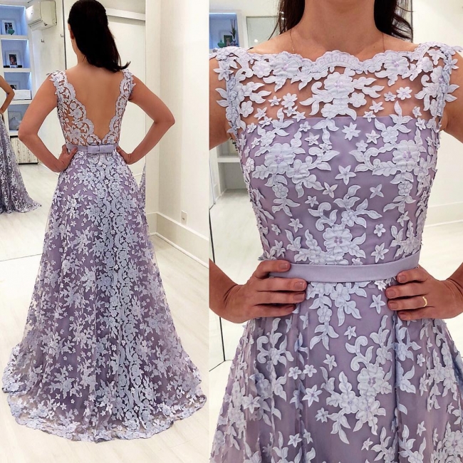Sleeveless Lace Evening Dresses | A-line Floor Length Prom Dresses with Bowknot